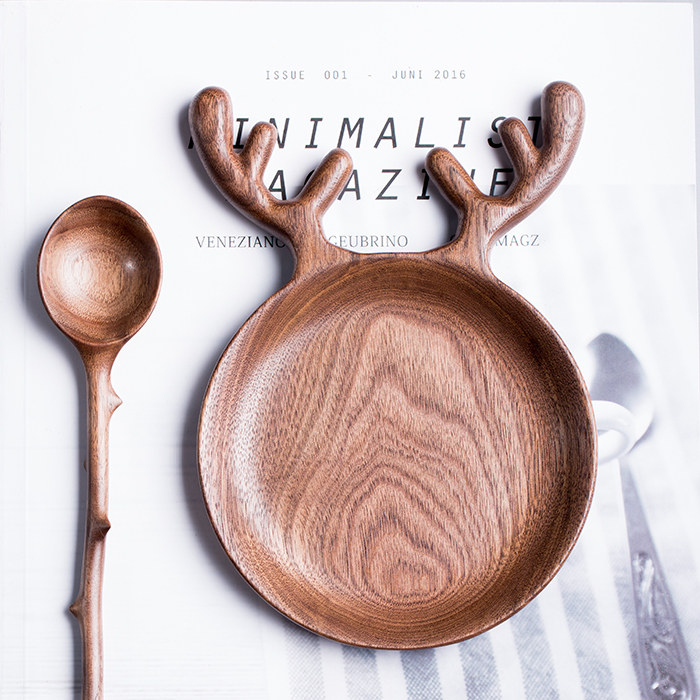 鹿角盘不二木作手工木艺果盘北美进口黑胡桃木盘子勺子原木水果盘