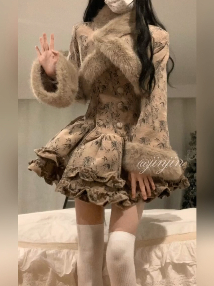 大码法式复古高级感碎花吊带连衣裙女秋冬富家千金收腰蓬蓬裙套装