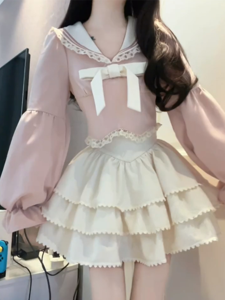 大码学院风减龄设计感海军领衬衫上衣女秋季高腰蛋糕蓬蓬短裙套装