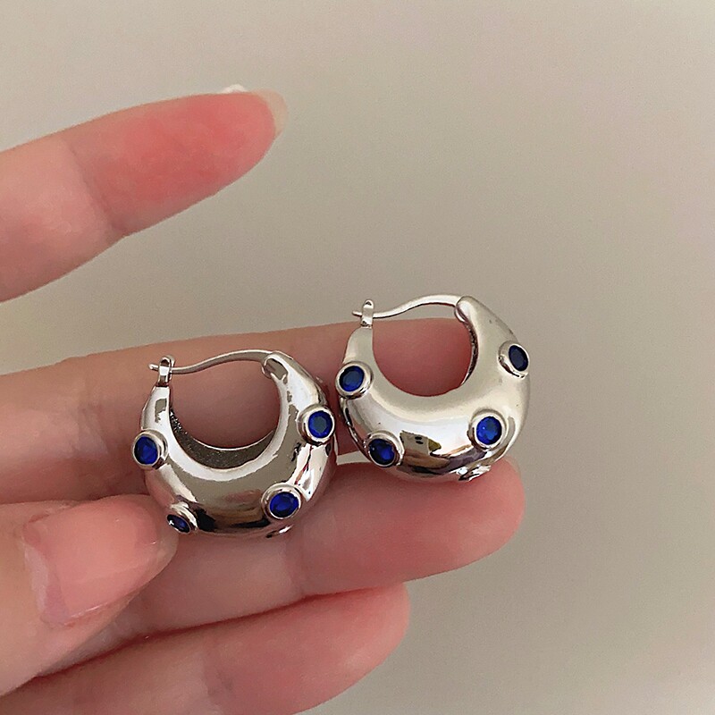 静谧蓝  氛围感法式复古蓝色水钻镶嵌圆形耳环 高级感轻奢ins耳扣