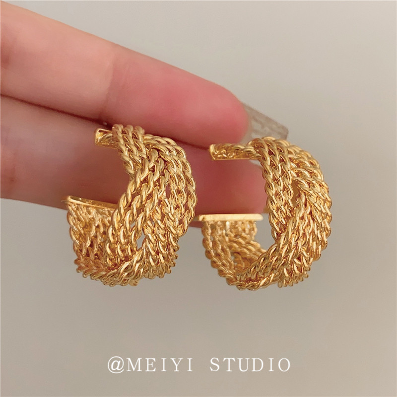 法式金属缠绕编织C型耳环