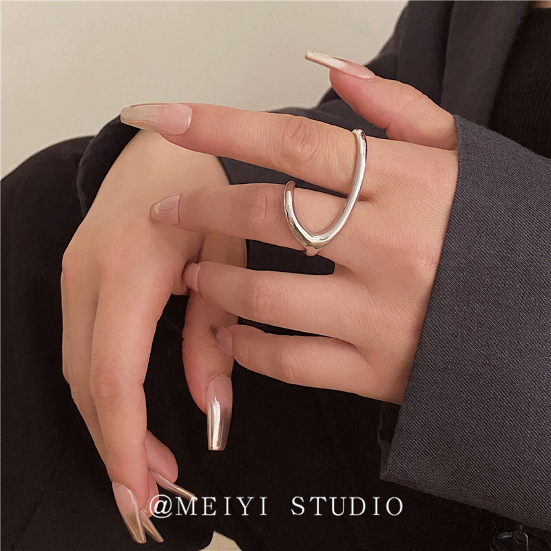 欧美ins金属线条极简个性双指戒指女个性小众时髦嘻哈镂空指环潮