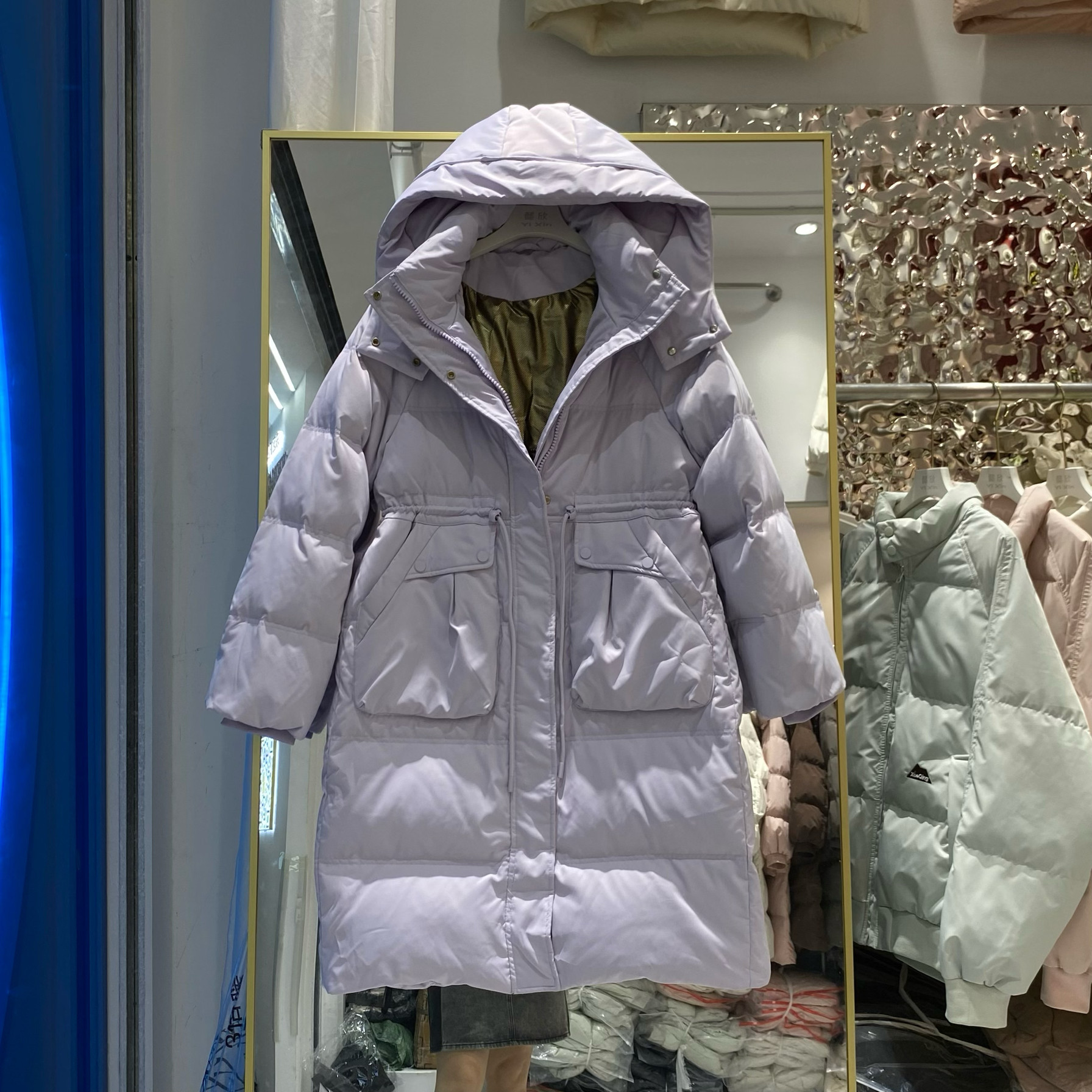 加厚中长款白鸭绒收腰羽绒服女