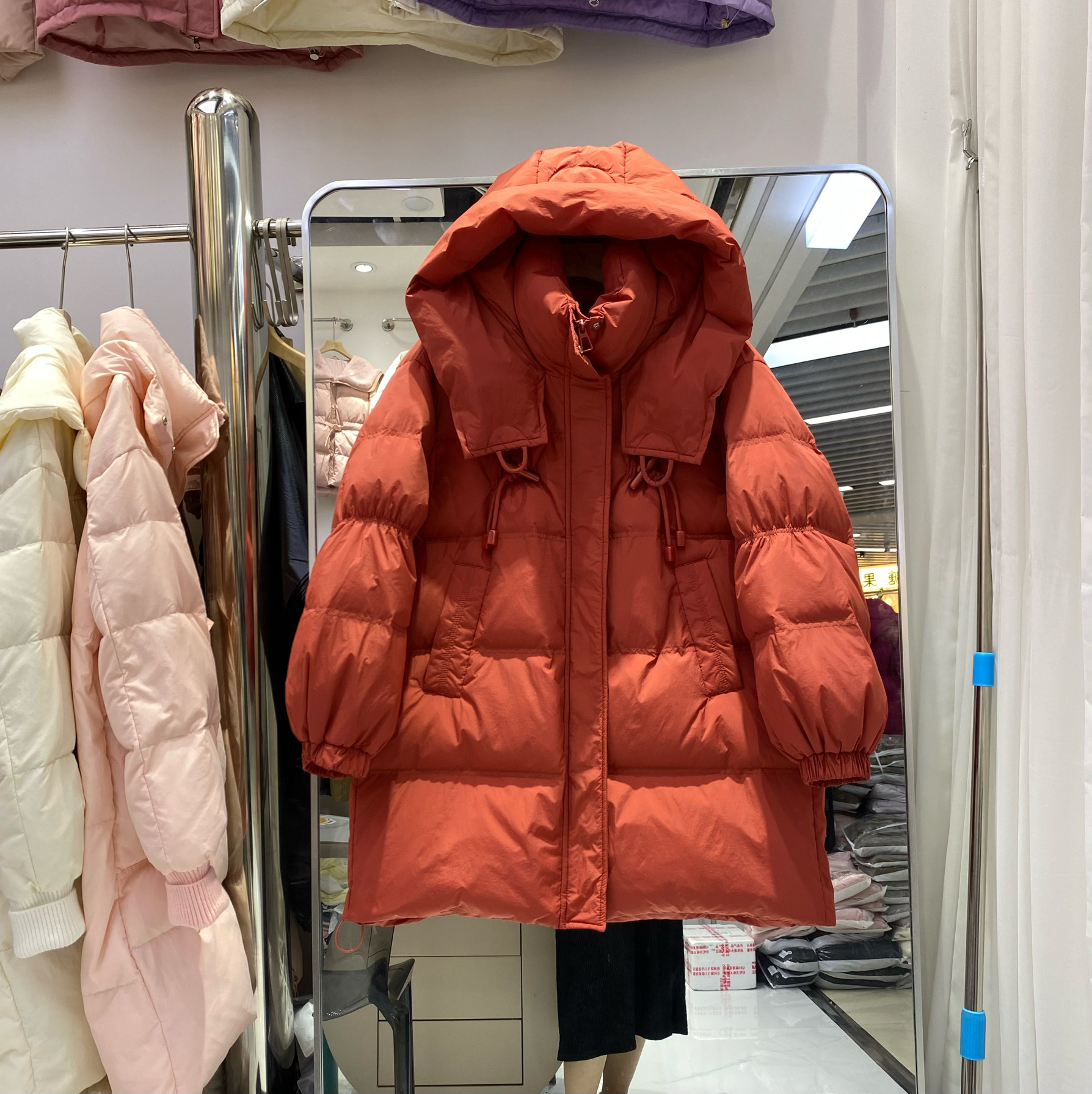韩版羽绒服女中长款2024飘带冬季