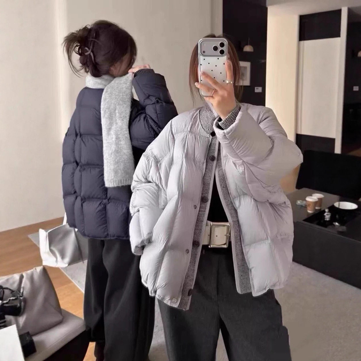 针织拼接假两件羽绒服女立领短款欧洲站2025秋冬新款90白鸭绒外套