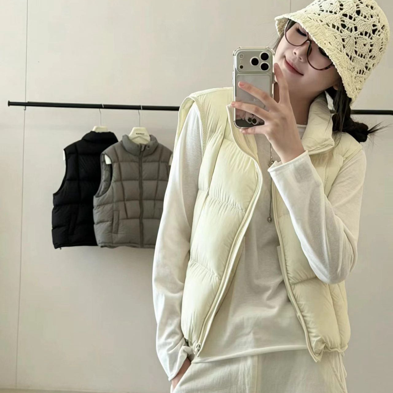 豆腐块90白鸭绒羽绒服马甲女短款
