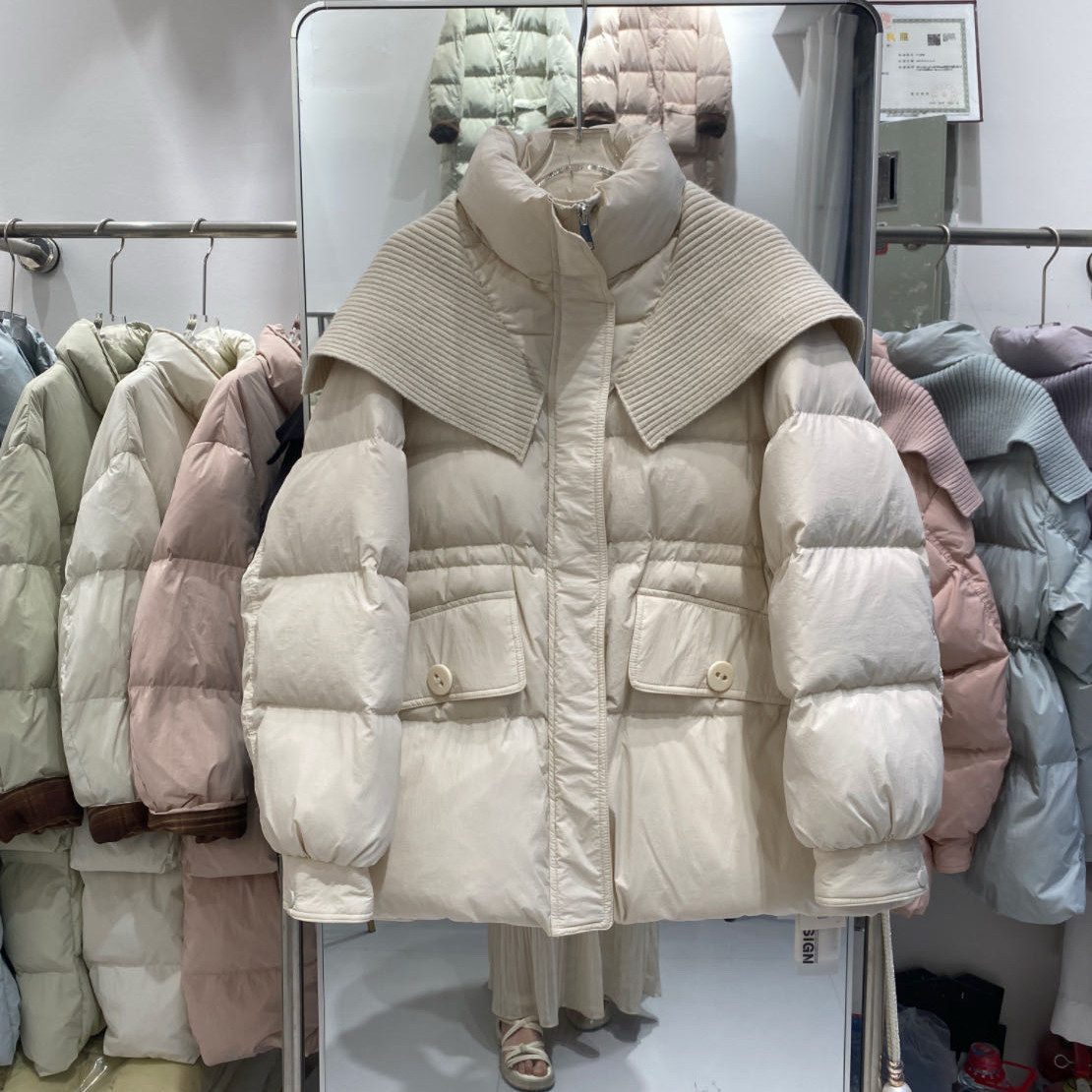针织大翻领抽绳收腰羽绒服女装冬季新款加厚保暖外套潮小众复古