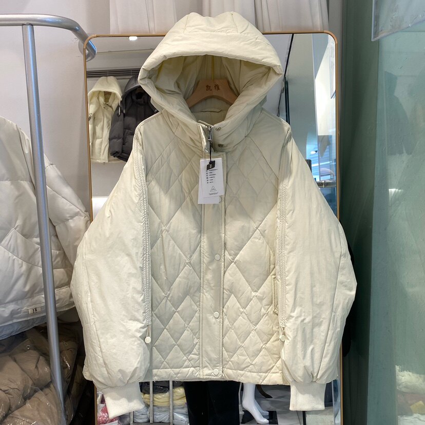 连帽短款学生外套菱形格羽绒服