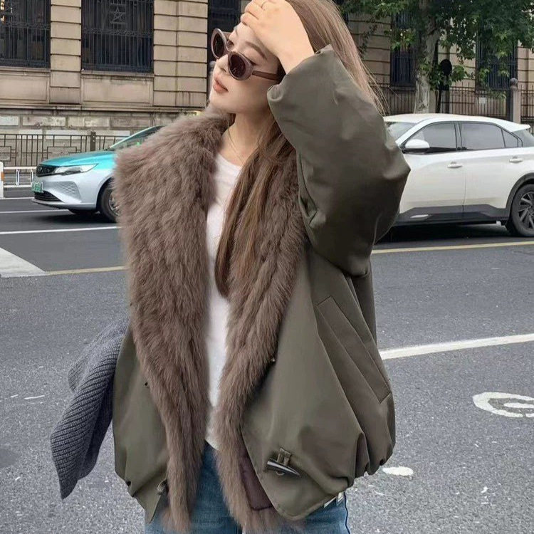 2025秋冬新款进口狐狸毛大翻领皮草大毛领鹅绒派克服女短款外套