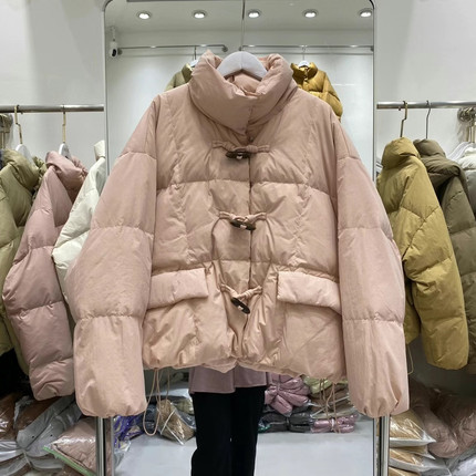 短款牛角扣羽绒服女2024年新款韩版白鸭绒面包服立领宽松冬季外套