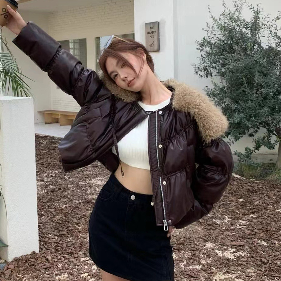 2025年冬季新款羽绒服女宽松洋气大毛领时尚韩版短款小个子PU免洗