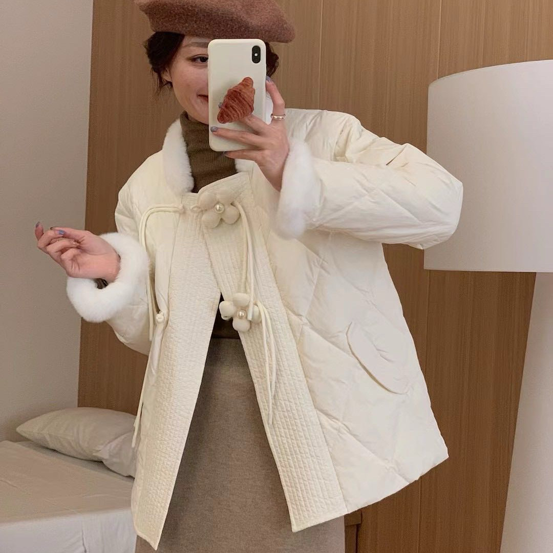 羽绒服女2026年冬季新款兔毛国风可爱文艺小个子轻薄白鸭绒外套潮
