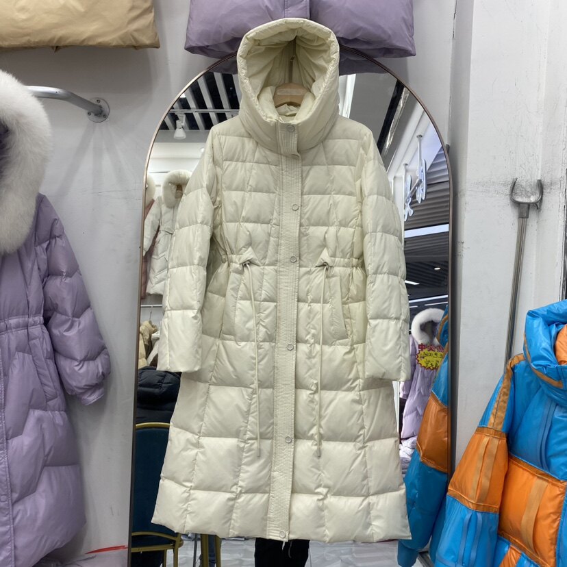 抽绳收腰格子连帽保暖羽绒服