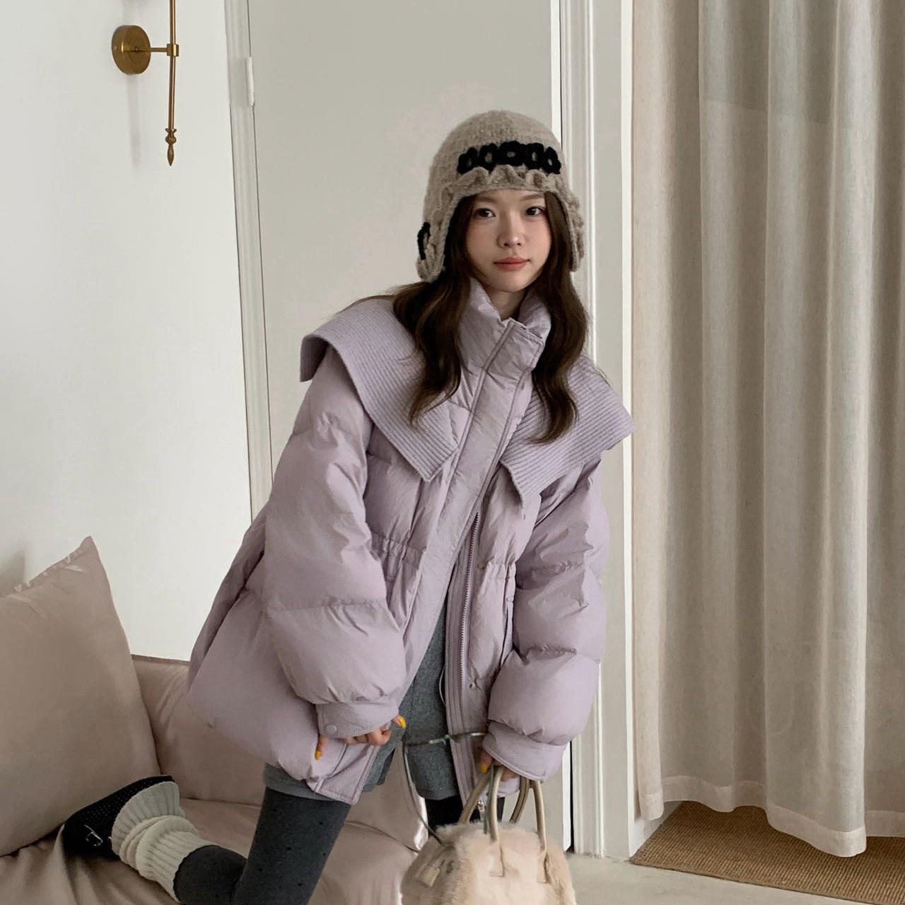 针织大翻领抽绳收腰羽绒服女装冬季新款加厚保暖外套潮小众复古