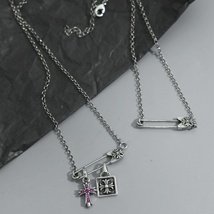 S925不掉色做旧别针项链女款回形针十字架锁骨链情侣项链