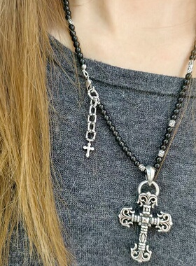 潮牌复古火焰十字架吊坠项链