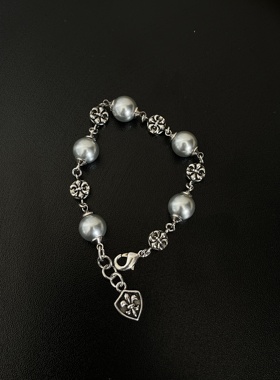 潮牌复古做旧船锚灰色珍珠手链