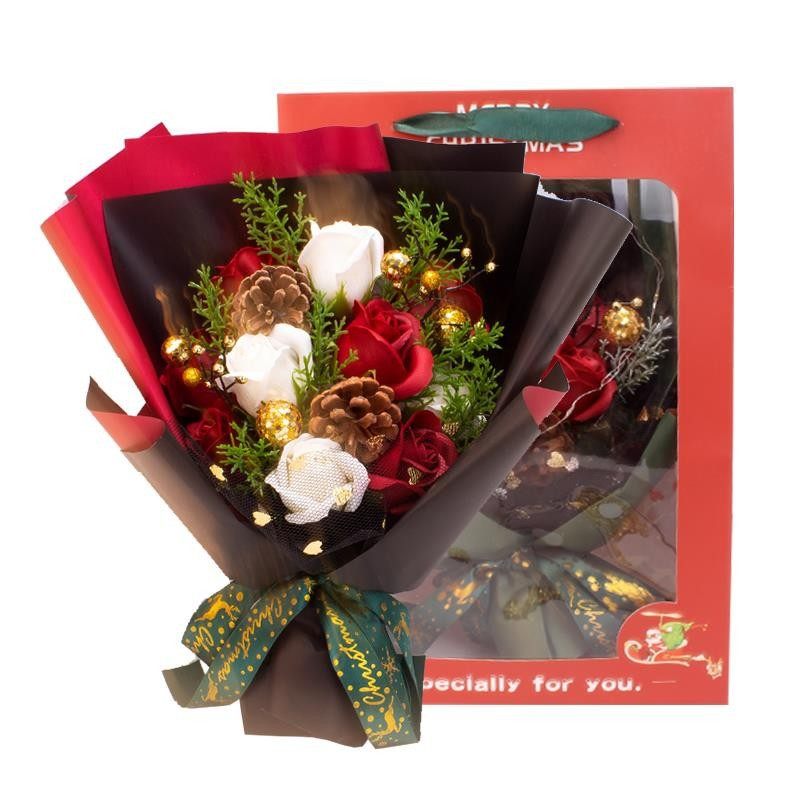 红色手工玫瑰花束圣诞节创意礼品跨境香皂花假花礼盒送女友