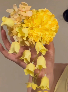 新中式黄色花朵流苏发夹复古高级感超仙气质精致侧边夹氛围感头饰