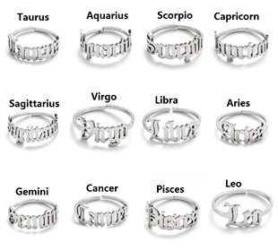 个性新款不锈钢英文字母组合戒指ins 复古十二星座简约指环