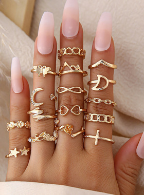 跨境玫瑰花戒指 个性简约爱心蝴蝶手掌月亮镶钻组合16件套女