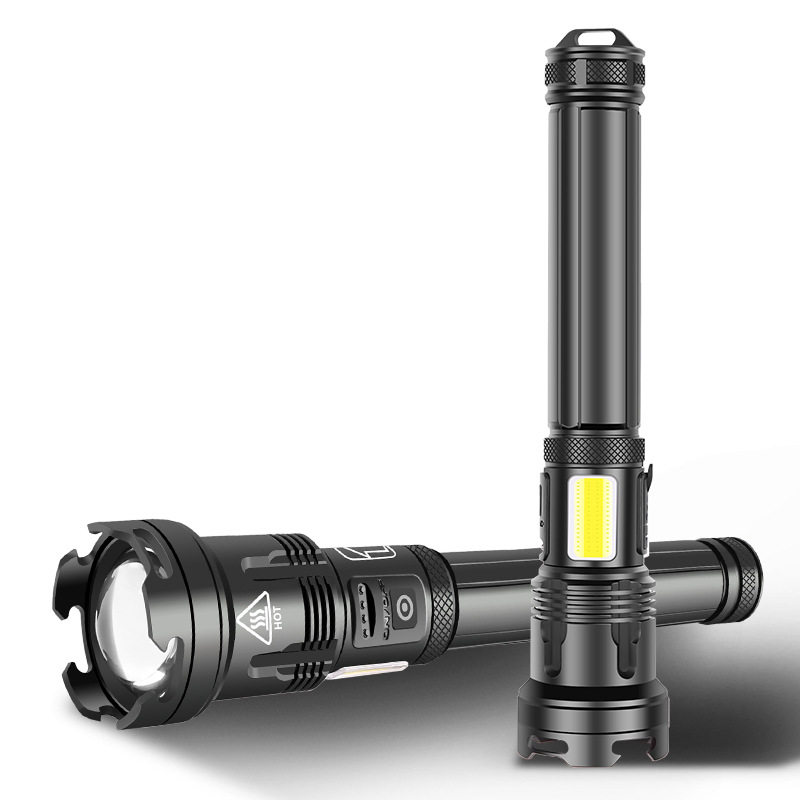 跨境XHP110+COB强光手电筒 输入输出伸缩变焦电量显示 P99手电筒