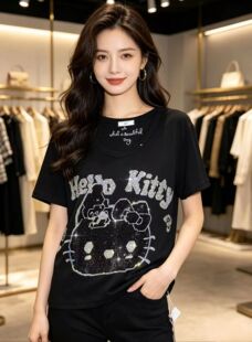 hellokitty猫2026新款重工烫钻字母卡通棉麻短袖t桖修身女潮牌