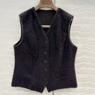 进口西班牙拉贡V领收脚版型拼接双面尼羊毛皮毛一体马甲皮草女