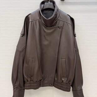 日系新款 进口天然泡泡小羊皮立领高腰宽松廓形飞行夹克外套皮衣女