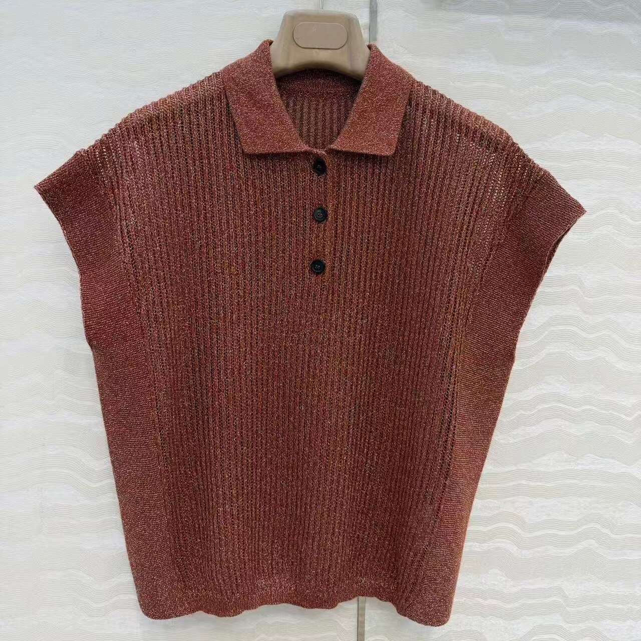 日系新款百搭银丝纱线针织缕空竖条纹翻领套头高腰宽松百搭上衣女