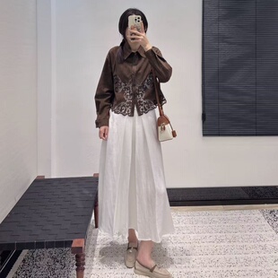 日系新款进口刺绣麂皮绒面羊皮翻领高腰显瘦小短款衬衫皮衣外套女