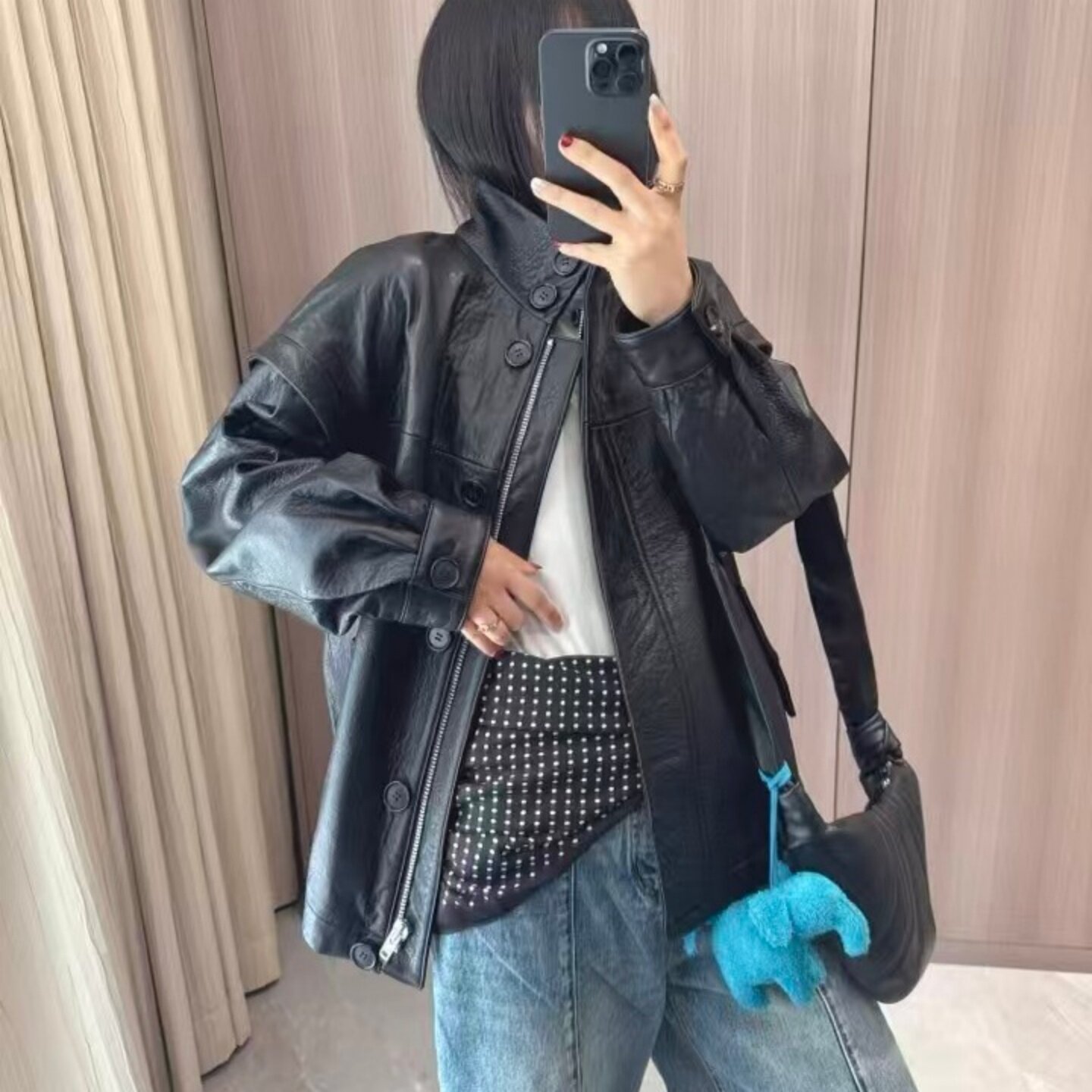 男女同款情侣款进口新西兰泡泡皮小羊皮高腰宽松机车夹克皮衣女