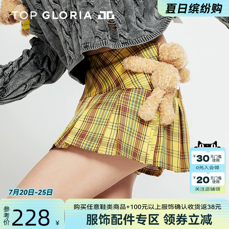 TopGloria美式复古格子百褶裙