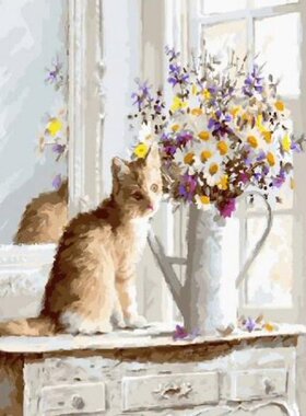 diy数字油画抽象风景静物填色绘油彩装饰画 花束和猫
