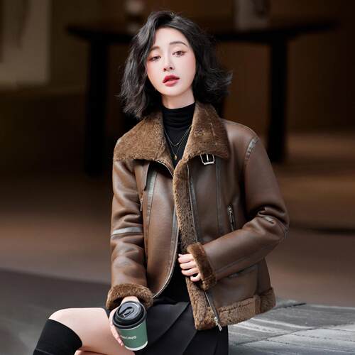 秋冬HF8602-1羔新皮款装宽松长袖仿羊毛毛一体时女尚百搭外套