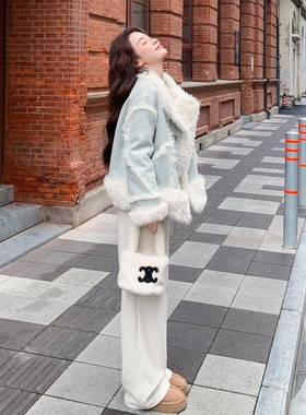 蓝色羊厚实款保暖仿皮一体c062-25外套女高级毛感年冬新羔毛棉衣