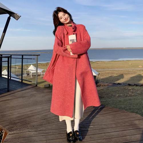 色连帽双粉面女羊毛呢大衣系秋冬新款中长款2B142-18高级感韩毛呢