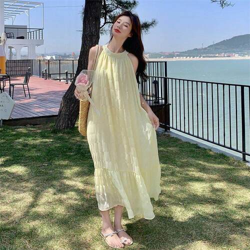 奶黄色式绝美脖连衣裙女夏度季特别2B161-26漂法亮假风挂露背褶皱