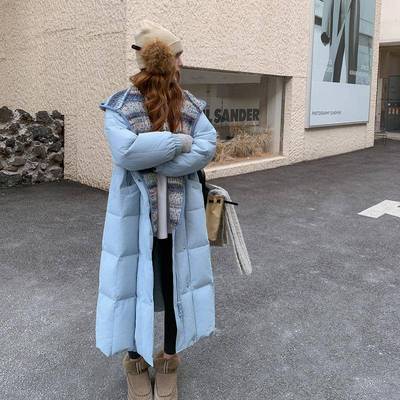 蓝色长款羽绒服女季韩系小个子厚织针连帽b005-612过加膝加厚冬白