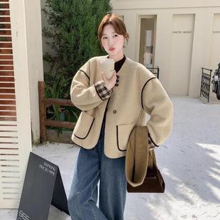 格子接面穿仿羊羔毛外套两女秋B297 年新设计感小个子上 18冬拼季