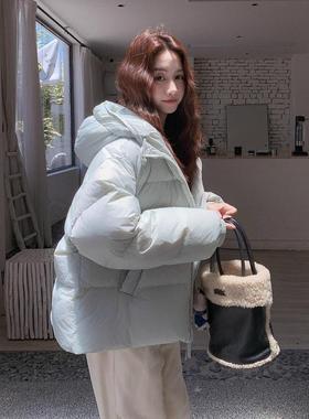 蓝色服款短羽绒服女冬季新款设计感连面帽包保暖b159-522白鸭绒外