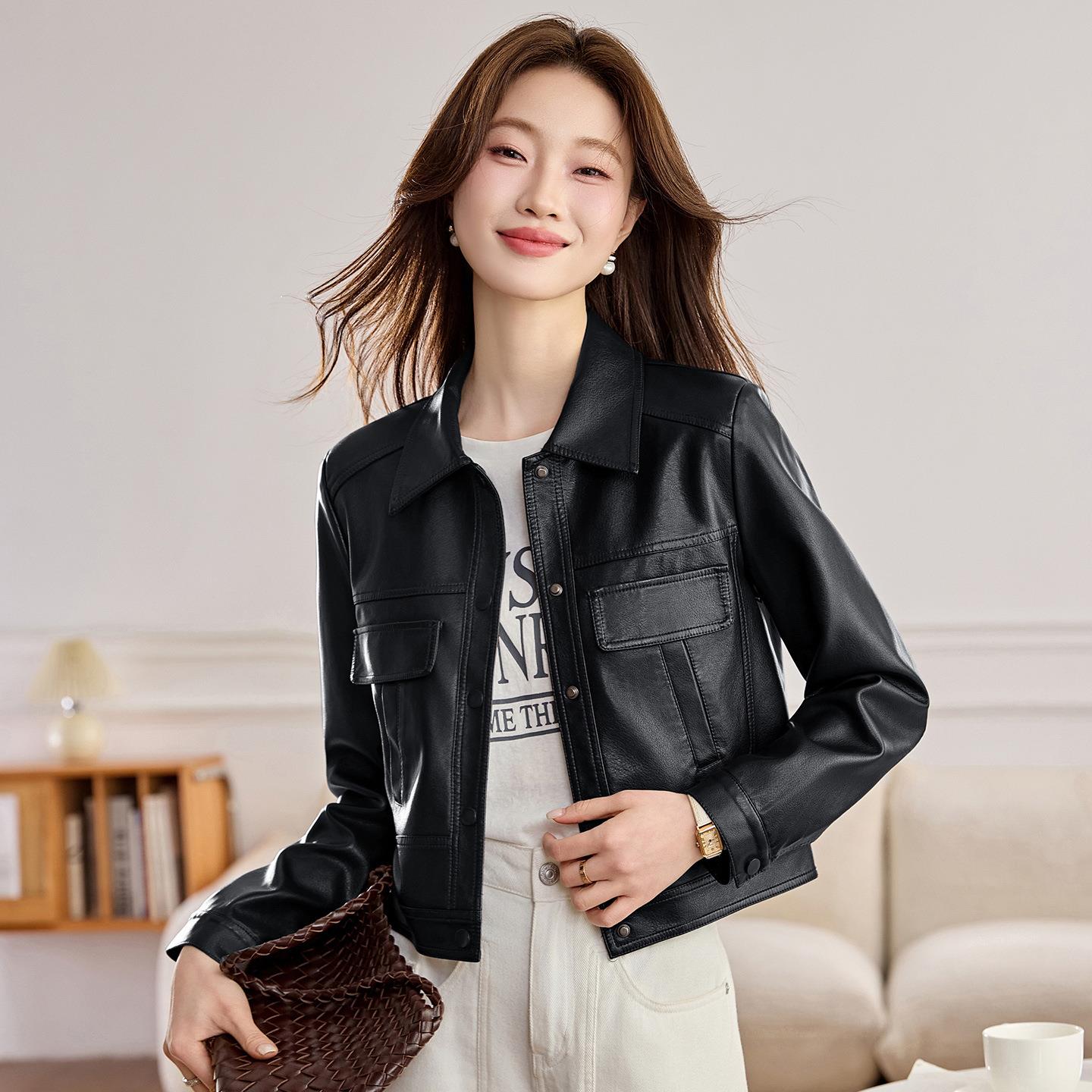 尚机直车服时皮夹克色上衣女YG800-春新款时尚纯筒皮衣外套