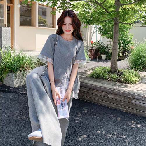 色灰韩系慵两懒风松弛感穿搭套装女夏蕾丝拼腿接恤阔裤C060-263件