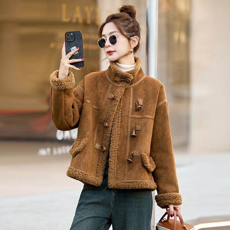 冬季新款装皮毛一体高感单排扣时暖尚女保休闲Z575-12外套级