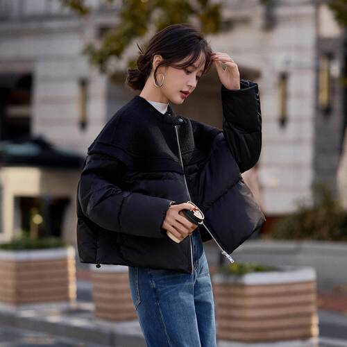 羊呢ZMENG0拼接短款拼接羽绒服女冬外季款小新个子连帽加厚保毛暖