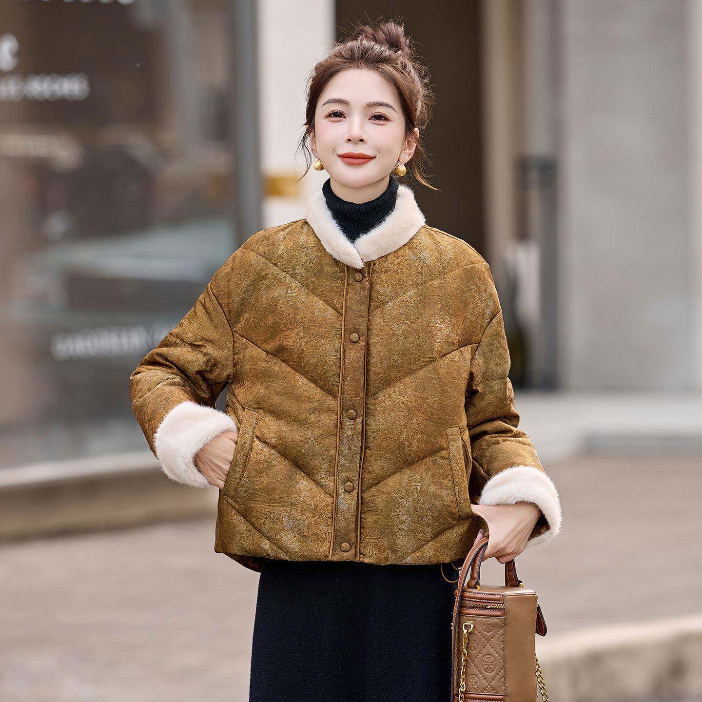 外新中式国提花羽绒服暖女ZAI8153Q风冬季新款复古拼接盘扣白鸭绒