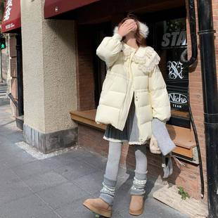 收浅C278A 减龄绒外 89黄色蕾丝冬拼接娃腰娃领羽绒服女小个子新款