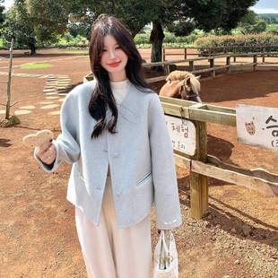 小个子短显 w40毛双面呢子外套女冬新领款 蓝色减龄圆法秋式 羊c298