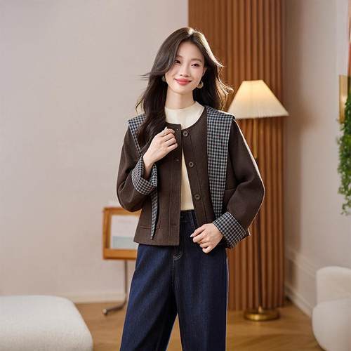 早秋休复古闲风格子接拼短外套女搭春ZWEI106季新款百宽松夹克上