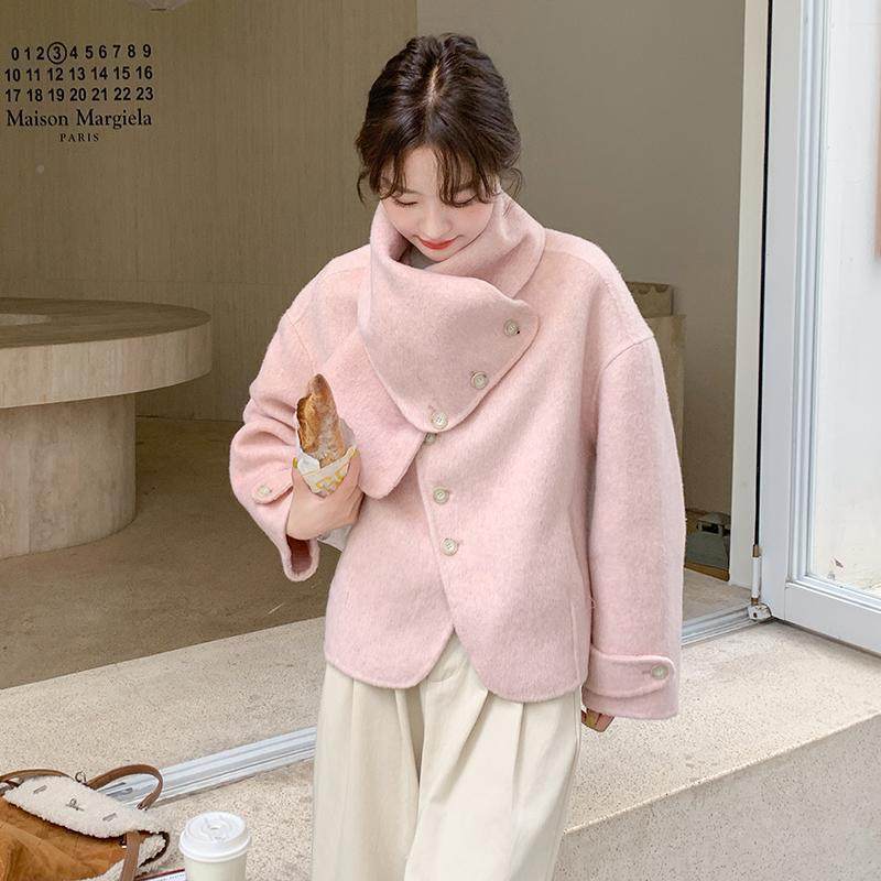 粉柔色端双面羊绒大衣秋冬新女款ZHAN65小个子温可卸围巾羊毛外高